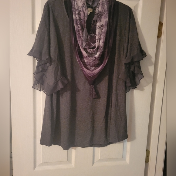 Plus Size Ruffle Short Sleeve Solid Knit Top with Attached Fringe Tassel Scarf - Picture 8 of 11